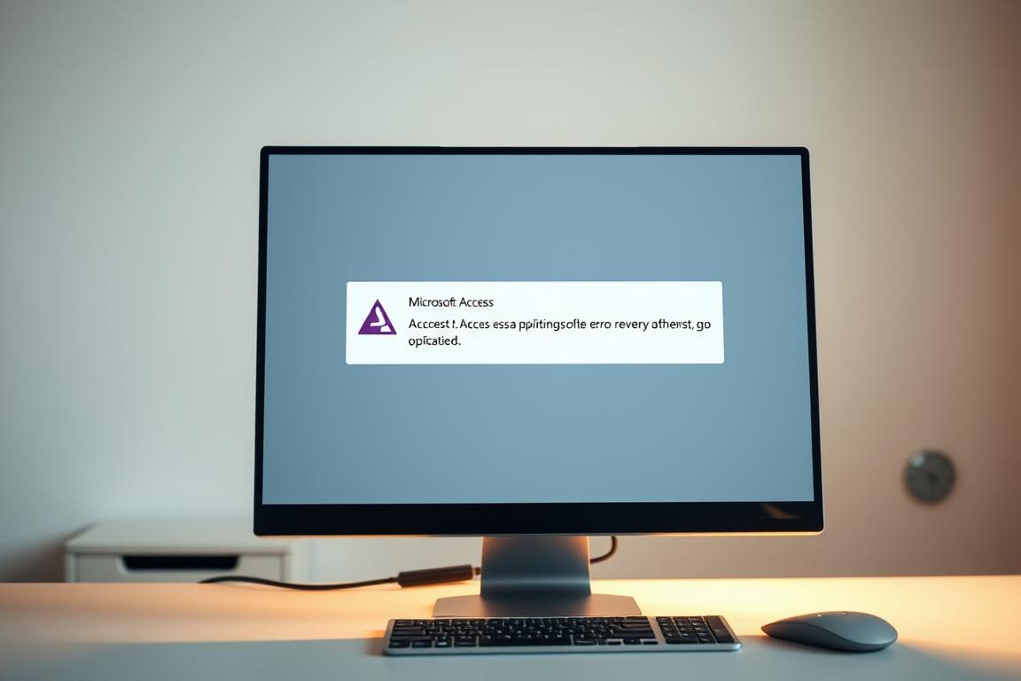 A Microsoft Access error message displayed prominently on a sleek, modern desktop computer screen. The error message is rendered in a clear, legible font against a slightly muted background, conveying a sense of professionalism and technical precision. The computer's surroundings are minimalist, with a clean, well-organized workspace visible in the background, suggesting a workspace environment. Soft, indirect lighting casts a warm, inviting glow on the scene, creating a sense of calm and focus. The overall composition draws the viewer's attention directly to the error message, highlighting its importance and the need to understand and resolve it.