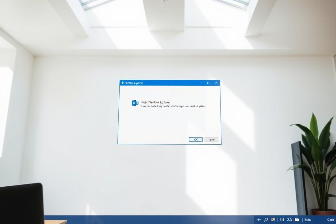A bright, modern Windows desktop with the Windows Explorer window prominently displayed in the foreground. The window shows a "Restart Windows Explorer" dialog box, indicating that the user is attempting to restart the core file management system. The desktop has a clean, minimalist design with subtle gradients and soft shadows, conveying a sense of calm and focus. The lighting is natural, with soft diffused illumination from overhead windows, creating a pleasant and inviting atmosphere. The camera angle is slightly elevated, providing a clear view of the desktop and the Windows Explorer window, emphasizing the central action being taken.
