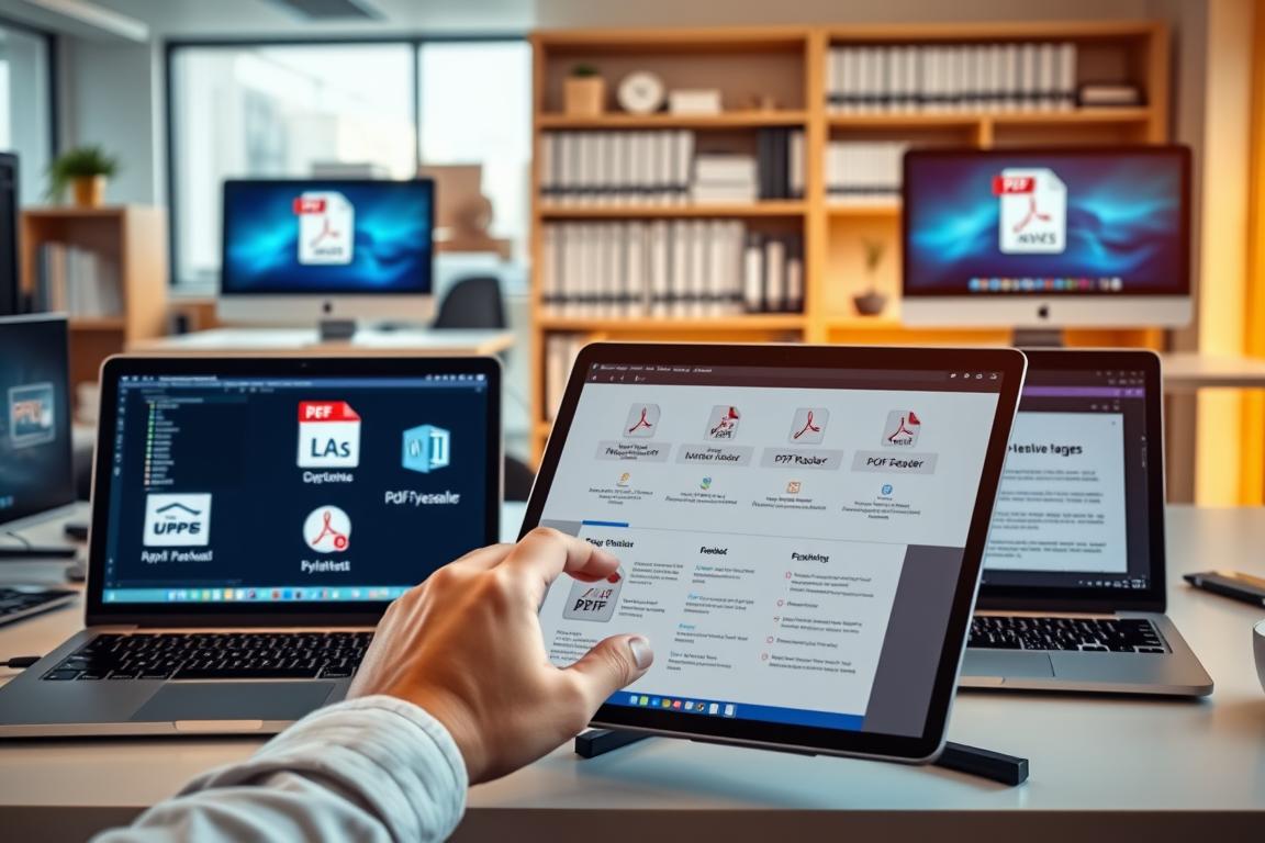 A bright, modern office setting with an array of laptops and desktops displaying various PDF reader software interfaces. In the foreground, a user's hands interact with a touchscreen device, exploring the features and options of an alternative PDF reader. The middle ground showcases a side-by-side comparison of the most popular PDF readers, their logos and user interfaces clearly visible. The background features a bookshelf filled with technical manuals and documents, hinting at the professional context. Warm, directional lighting casts a productive glow, and the overall composition conveys a sense of efficiency and problem-solving.