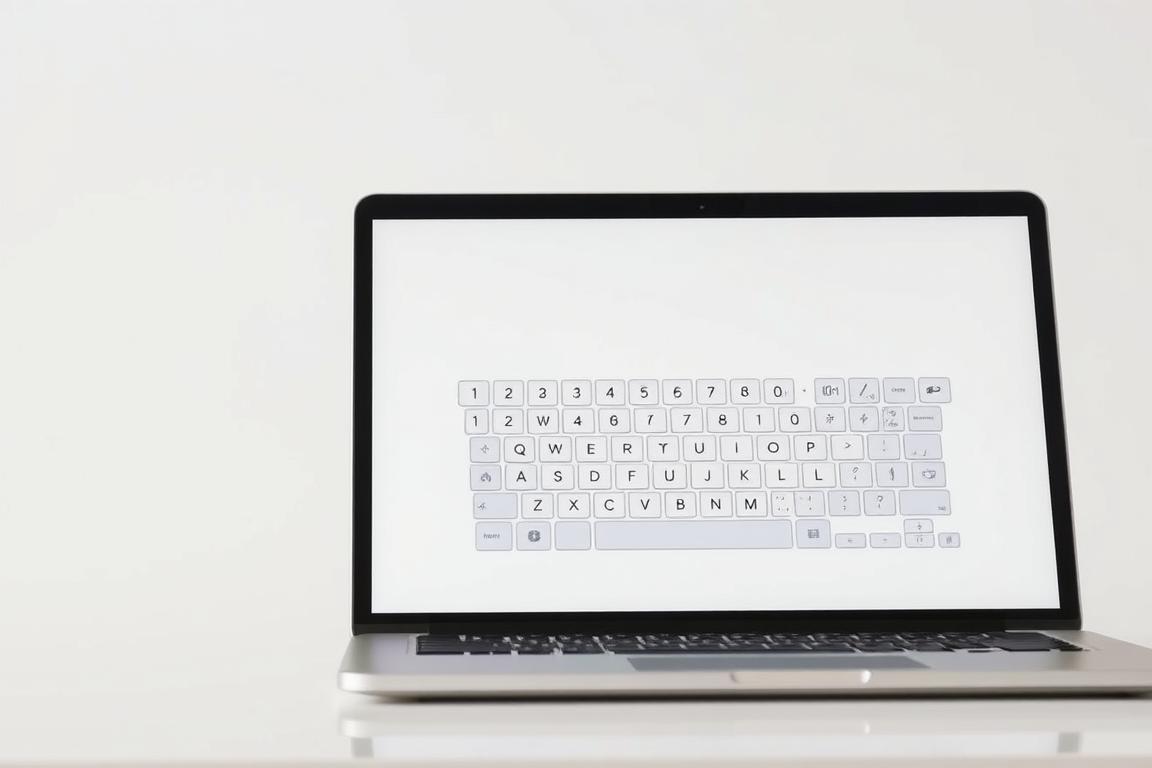 A clean, bright workspace with a laptop or tablet in the foreground, the screen displaying a clear and responsive on-screen keyboard interface. The keyboard is positioned centrally, with well-defined keys and a modern, intuitive design. The background is a neutral, minimalist space, allowing the keyboard to be the focal point. Soft, even lighting illuminates the scene, creating a calm, productive atmosphere. The composition is balanced, with the keyboard occupying a significant portion of the frame to emphasize its importance in troubleshooting a non-functioning physical keyboard. Overall, the image conveys a sense of digital efficiency and problem-solving.