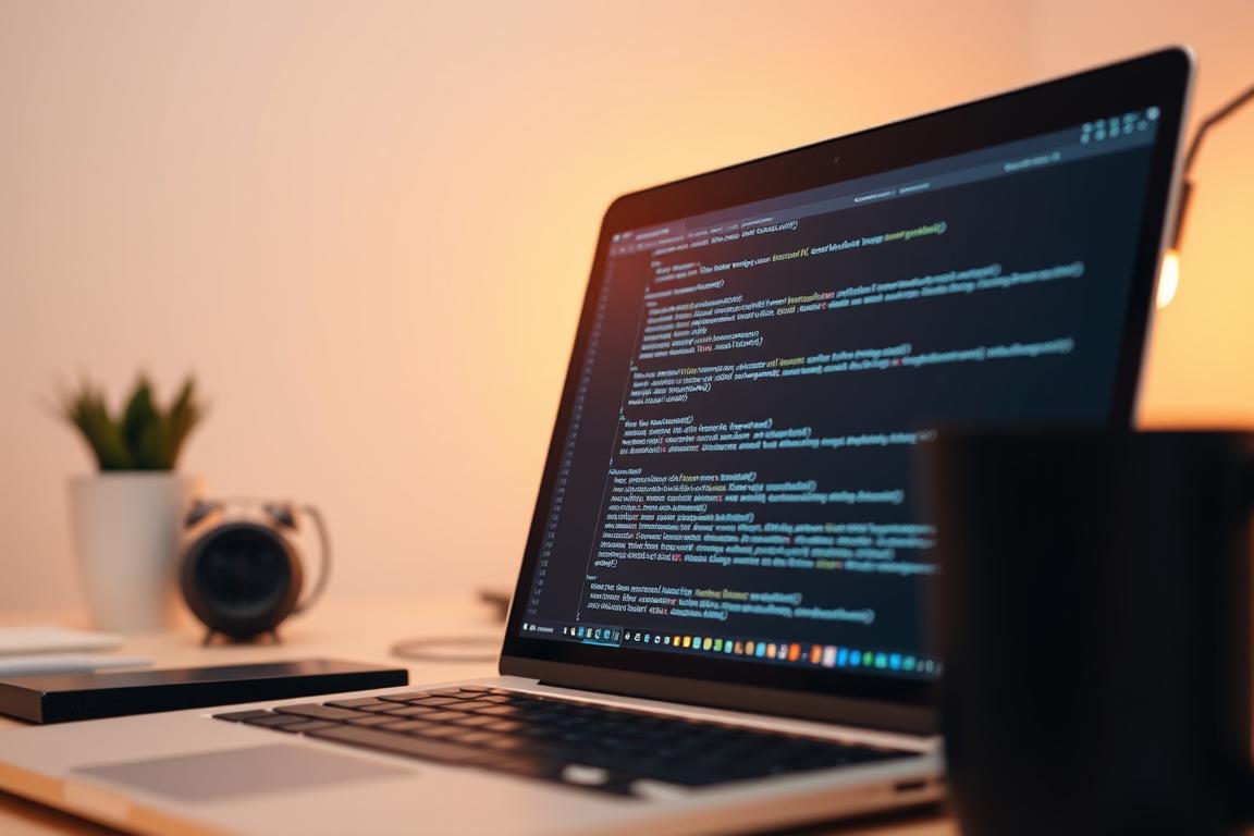 A clean, minimalist desktop environment with a focused view on a laptop or desktop computer screen. The screen displays lines of Visual Basic code, with syntax highlighting and indentation, conveying a sense of technical proficiency and problem-solving. The background is slightly blurred, emphasizing the code on the screen. Soft, warm lighting illuminates the scene, creating a calm, contemplative atmosphere. The overall impression is one of diligence and attention to detail in resolving a programming issue.