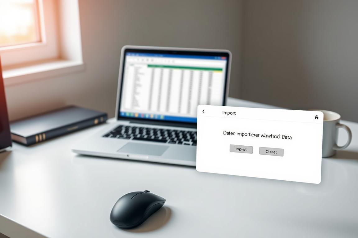 A clean, minimalist office desk with a laptop, a mouse, and a cup of coffee. In the center, an open spreadsheet on the laptop screen, representing the Excel data. Beside it, a small window or pop-up showing the "Daten importieren" (Import Data) process, with clean icons and a simple, intuitive interface. The desk is well-lit, with soft, warm lighting from a nearby window, creating a productive and focused atmosphere. The scene evokes the workflow of efficiently transferring data from one application to another, ready to be utilized in the next step of the project.