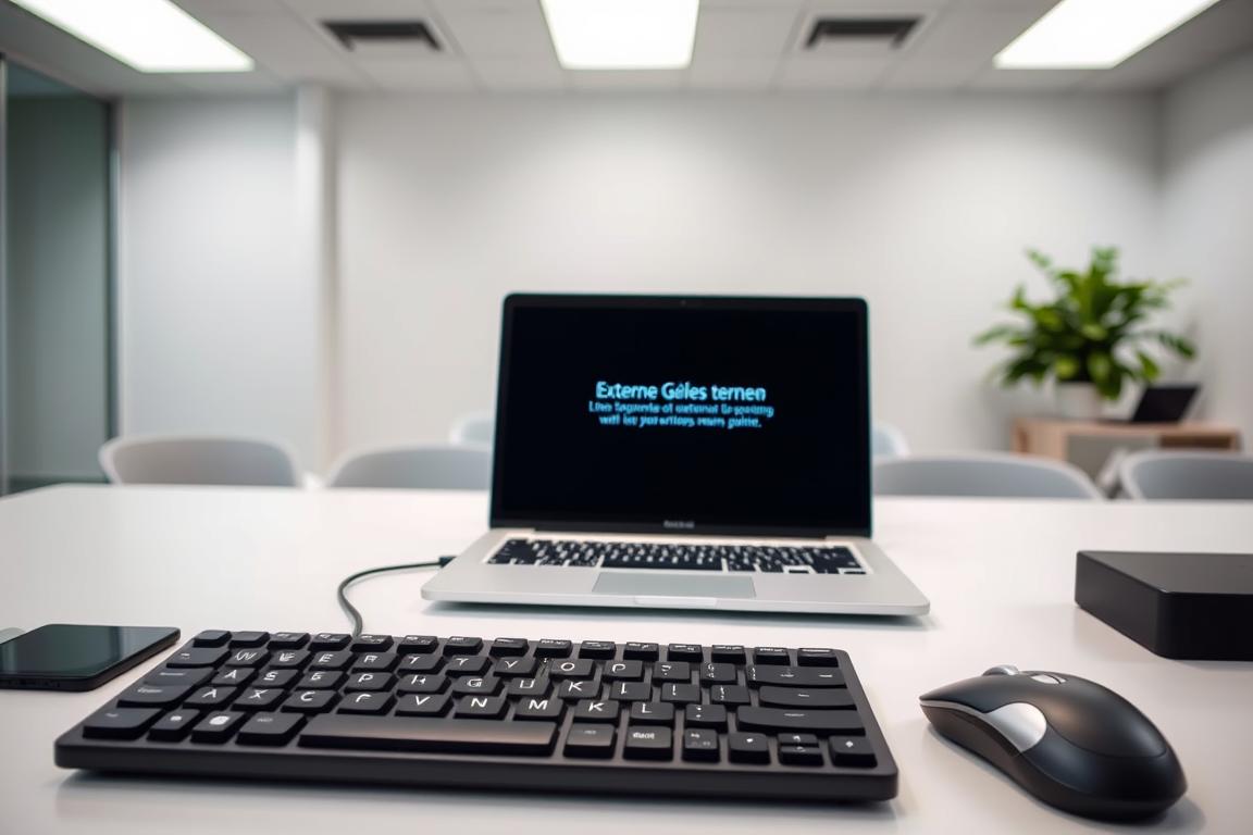 A clean, well-lit desktop setup with a laptop, keyboard, and mouse in the foreground. In the middle ground, the laptop screen displays the "Externe Geräte trennen" message, indicating a step in the troubleshooting process. The background features a neutral, uncluttered office environment, with subtle lighting and shadows to create depth and a sense of professionalism. The overall scene conveys a clear, step-by-step instruction for disconnecting external devices as part of the Windows 11 troubleshooting process.