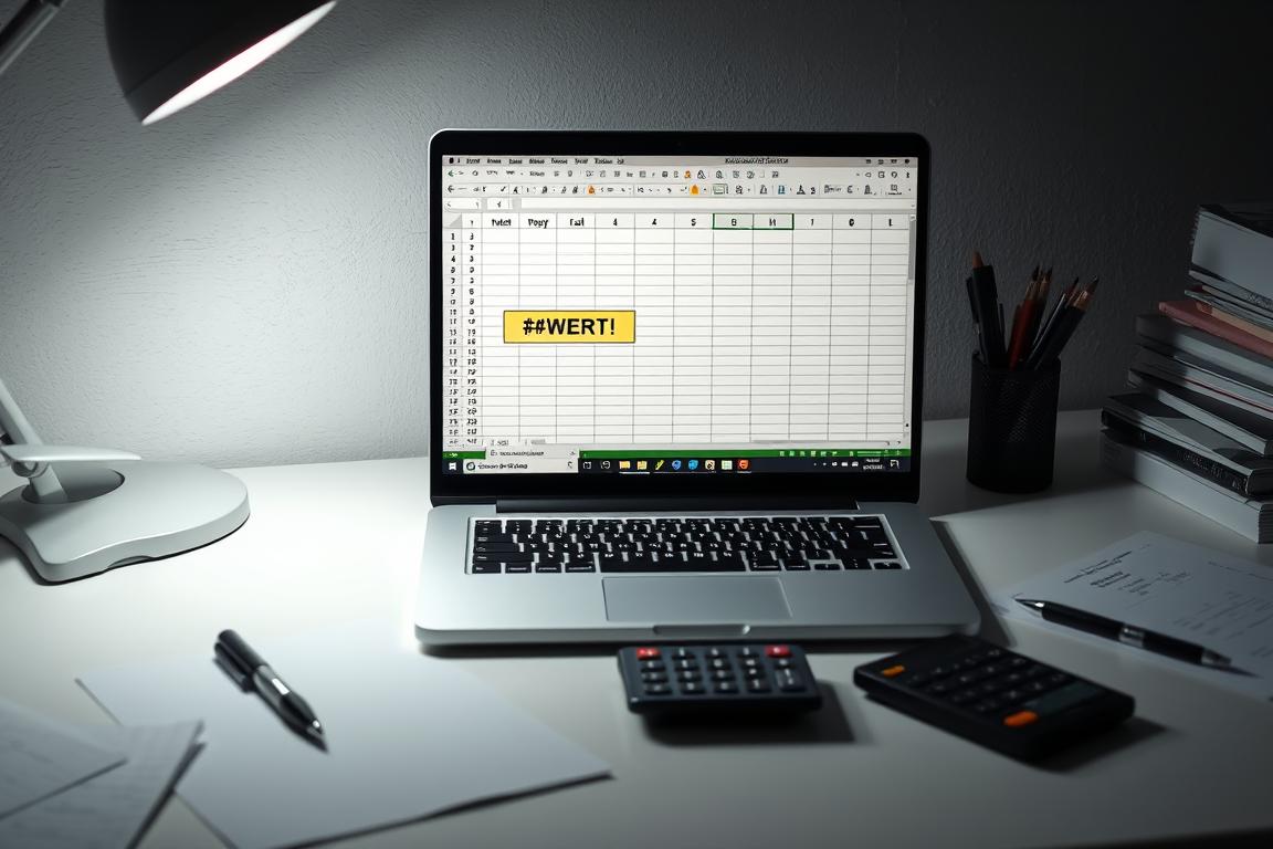 A clean, well-lit office desk displaying a laptop screen showcasing an Excel spreadsheet. The spreadsheet has a prominent "#WERT!" error message highlighted, drawing the viewer's attention. The desk is surrounded by various office supplies, including a pen, calculator, and documents, creating a professional, task-oriented atmosphere. Soft, directional lighting illuminates the scene, casting subtle shadows and highlighting the detailed textures of the desk and its contents. The overall mood is one of focused problem-solving, with the viewer encouraged to engage with the Excel-related issue presented.