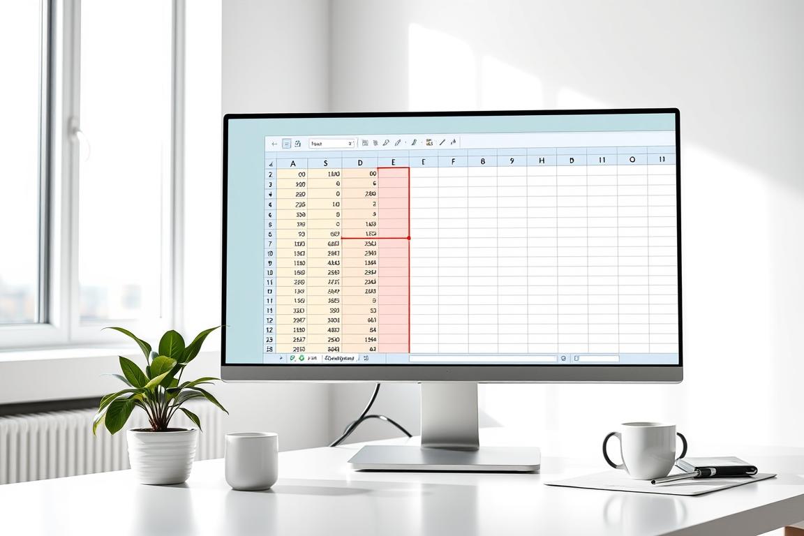 A clean, well-lit office interior with a large computer monitor displaying an Excel spreadsheet. The spreadsheet has a series of cells connected by bold, colorful lines, illustrating the concept of "merging cells" in the software. The monitor is positioned on a modern, minimalist desk, with a potted plant and a cup of coffee nearby, creating a professional yet inviting atmosphere. The lighting is soft and diffused, lending a sense of calm and focus to the scene. The angle is slightly angled, providing a clear view of the spreadsheet and the overall workspace.