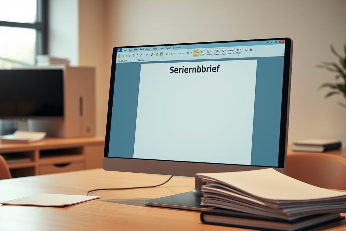 A clean, well-lit office workspace with a desktop computer and a stack of documents on the side. On the computer screen, a Microsoft Word document is open, displaying the header "Serienbrief" and the cursor blinking, ready for text input. The room has a warm, professional ambiance, with subtle lighting and a neutral color palette. The overall scene conveys a sense of productivity and attention to detail, perfectly capturing the process of creating a form letter in Word.