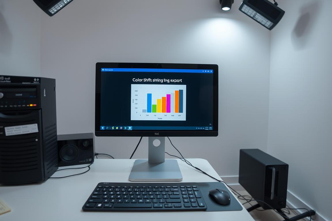 A clean, well-lit studio scene with a desktop computer, monitor, and keyboard. On the screen, a PowerPoint slide is displayed, showing color swatches and a graph illustrating color shifts during export. The scene has a neutral, professional atmosphere, with subtle lighting from overhead sources creating soft shadows and highlighting the equipment. The angle is slightly elevated, giving a bird's-eye view of the setup. The focus is sharp, capturing the details of the screen and the surrounding hardware with clarity.
