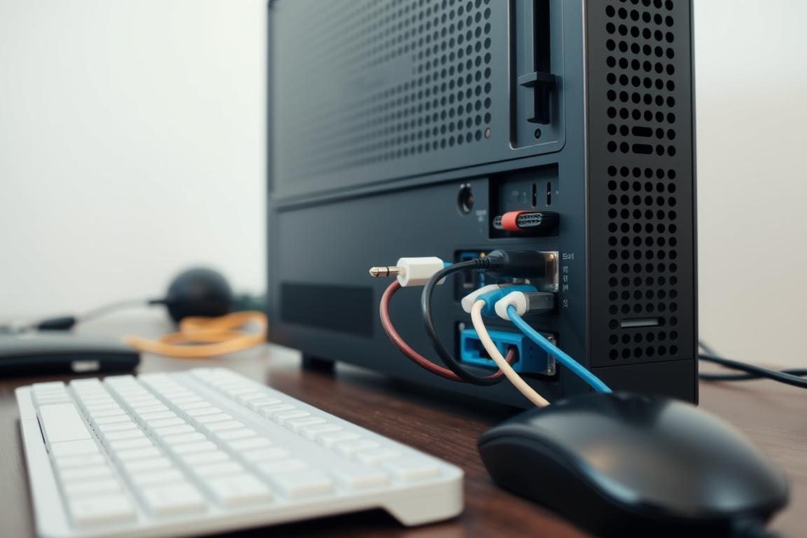 A clean, well-lit workspace with a desktop computer, keyboard, and mouse. The focus is on the rear of the desktop, showcasing the various ports and cable connections. Cables of different colors - HDMI, USB, audio - are neatly arranged and connected to the appropriate ports, creating a visually appealing and organized layout. The scene has a calming, technical aesthetic, with muted tones and subtle shadows to highlight the intricate hardware details. The overall atmosphere conveys a sense of methodical troubleshooting and problem-solving, reflecting the "Schritt-für-Schritt Anleitung zur Fehlerbehebung" theme.