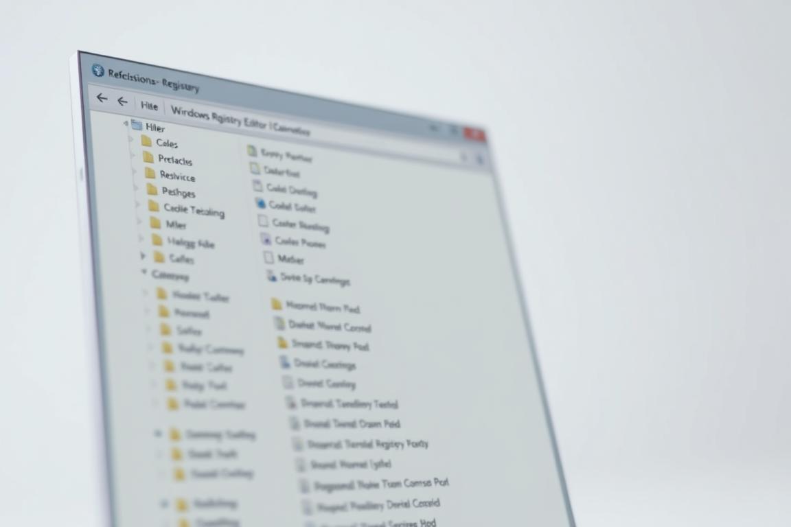 A close-up view of the Windows Registry Editor application, showcasing its professional and technical interface. The foreground displays the Registry Editor window with a clean, minimalist design, highlighting the various options and hierarchical structure of the registry. The middle ground features a soft, blurred background, emphasizing the focus on the application. The lighting is bright and evenly distributed, creating a crisp and clear image. The camera angle is slightly angled, providing a sense of depth and highlighting the application's detailed layout. The overall atmosphere conveys a sense of precision, organization, and the importance of carefully managing the Windows registry.