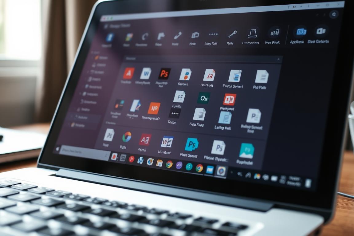 A closeup view of PowerPoint add-ins on a laptop screen, displaying a variety of icons and interface elements. The desktop is slightly cluttered, with a professional yet uncluttered aesthetic. The lighting is soft and natural, creating a calm and focused atmosphere. The camera angle is slightly elevated, giving a birds-eye perspective on the screen. The add-ins are presented in a clear and organized manner, highlighting their individual functions and capabilities. The overall mood is one of productivity and problem-solving, reflecting the need to identify and manage add-ins as a potential source of issues in PowerPoint.