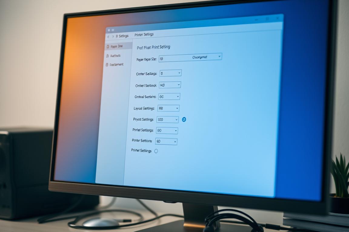 A closeup view of an office computer monitor displaying printer driver settings, with the screen illuminated by warm, diffused lighting. The interface shows various controls and options for adjusting paper size, orientation, margins, and other layout settings. The monitor is situated on a clean, organized desk with minimal clutter, conveying a sense of professionalism and attention to detail. The overall atmosphere is calm and focused, reflecting the importance of getting the printer settings right for producing high-quality PDF documents.