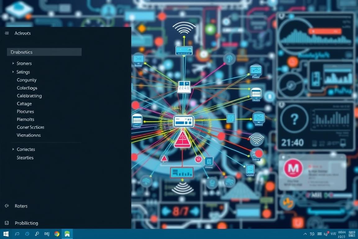 A complex network diagram with technical details, showcasing the intricate connections and troubleshooting process for WLAN problems in Windows 11. The foreground features a sleek, minimalist user interface with diagnostic tools and settings, while the middle ground depicts a colorful, layered network architecture with various nodes, routers, and wireless access points. The background subtly blends abstract data visualizations, signal strength indicators, and diagnostic graphs, creating a sense of depth and technical sophistication. The overall mood is one of precision, problem-solving, and a focused, professional approach to optimizing the WLAN system.