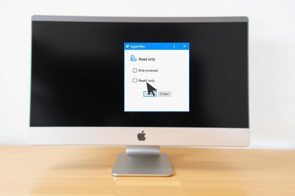 A computer desktop with an open Windows file explorer window, showcasing a file's properties dialog box. The dialog box prominently displays the "Read-only" checkbox, which is checked, indicating the file is write-protected. A cursor hand hovers over the checkbox, ready to uncheck it, signifying the action of removing the write protection. The desktop is well-lit, with a clean, minimalist appearance, drawing the viewer's attention to the key elements. The scene conveys a sense of simplicity and clarity, making the process of disabling write protection easy to understand.