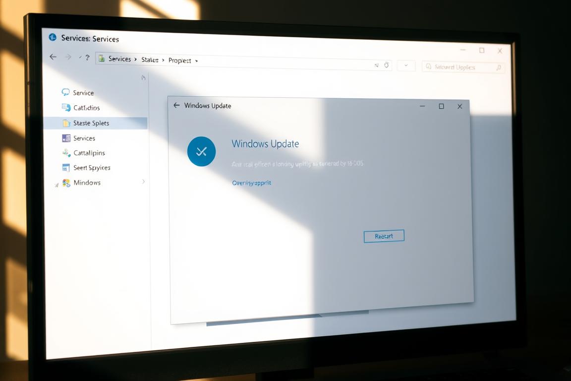 A computer screen displaying the Windows 11 operating system, with the "Services" window open, focused on the "Windows Update" service. The service's status is shown as "Stopped", and there is a "Restart" button highlighted, ready to be clicked. The screen is illuminated by a warm, natural light, casting subtle shadows and highlights that add depth and dimension to the scene. The overall mood is one of focus and problem-solving, with a clean and minimalist aesthetic that aligns with the Windows 11 design language.