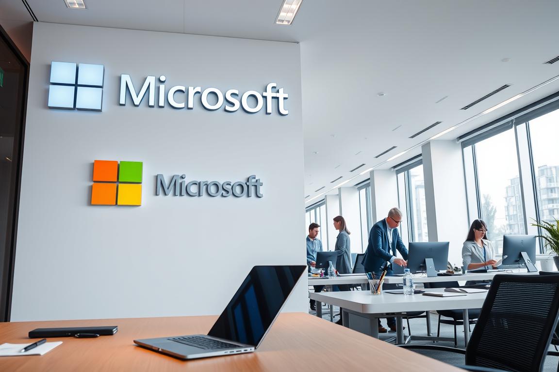 A crisp, modern office setting with a large Microsoft 365 logo prominently displayed on the wall. The foreground features a desk with a laptop, stylus, and various stationery items. In the middle ground, several employees are engaged in collaborative tasks, using Microsoft 365 apps and tools. The background showcases a sleek, minimalist interior design with large windows allowing natural light to filter in, creating a calm and productive atmosphere. The overall scene conveys the idea of effective prevention measures, with Microsoft 365 empowering users to work seamlessly and avoid common problems.