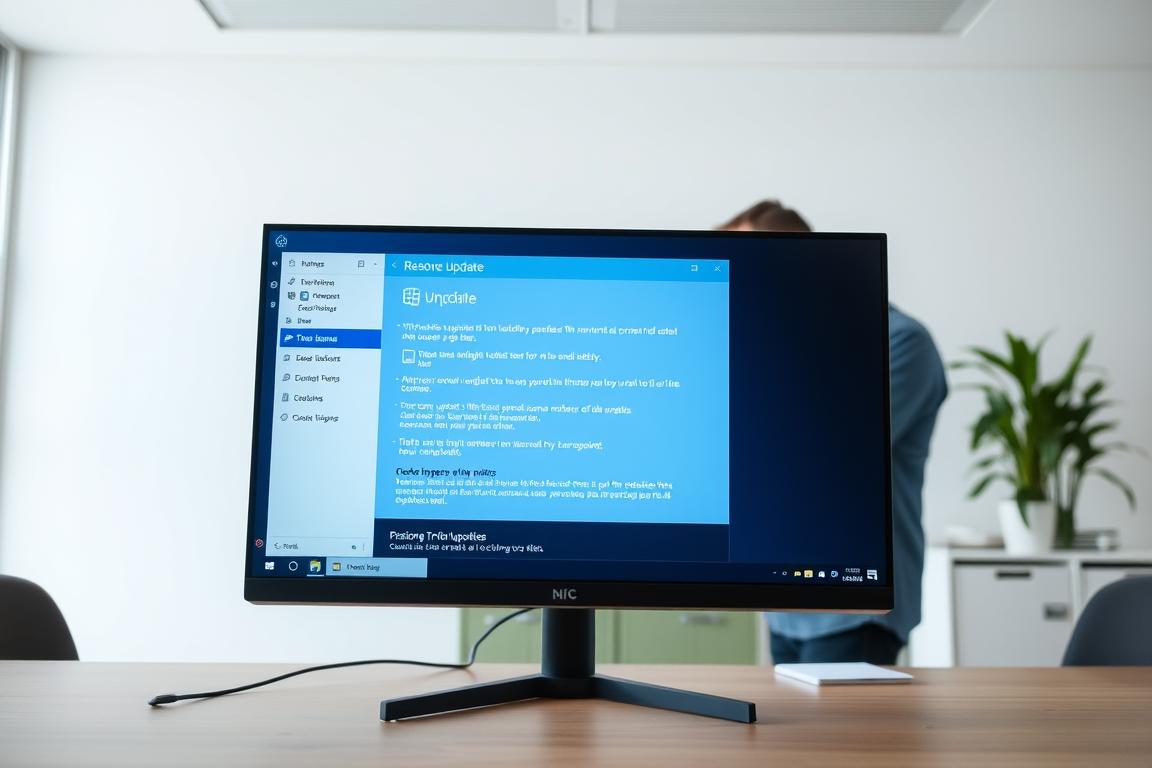 A detailed Windows 11 update troubleshooting interface with various diagnostic and repair options. In the foreground, a desktop computer screen displays an interactive window with icons, buttons, and dropdown menus for resolving update issues. The middle ground features a technician or IT specialist examining the system, while the background depicts a minimalist office setting with clean lines, neutral colors, and subtle lighting to create a calm, professional atmosphere. The overall scene conveys a sense of technical expertise, problem-solving, and a methodical approach to addressing Windows 11 update challenges.