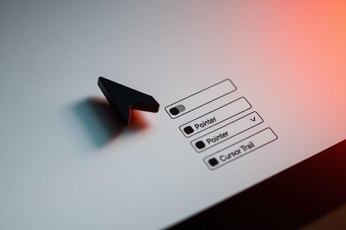 A detailed close-up of computer cursor settings on a modern desktop interface, with a clean and organized layout. The cursor appears as a standard arrow pointer, resting on a minimalist settings menu with various customization options such as pointer size, color, and cursor trail. The background is a neutral gray tone, allowing the cursor and settings UI to be the focal point. Warm, directional lighting illuminates the scene, creating depth and highlighting the sleek, contemporary design. The overall mood is one of precision, control, and efficient problem-solving.
