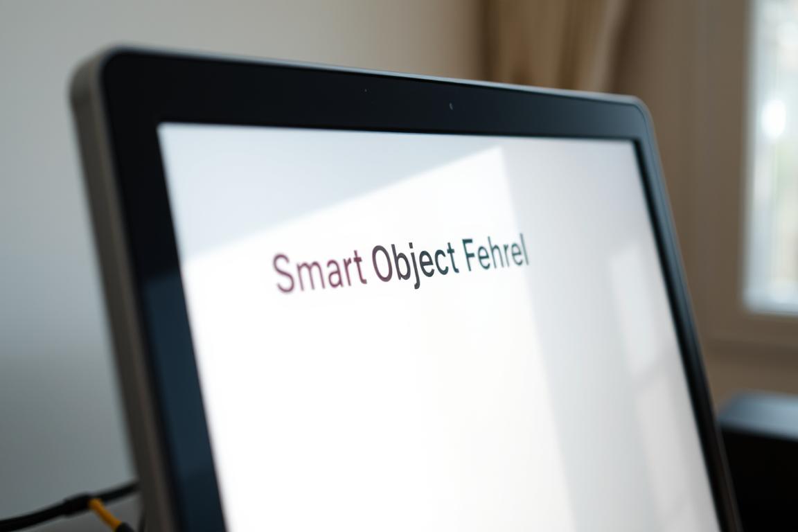 A detailed close-up shot of a desktop computer screen displaying a "Smart Object Fehler" error message. The screen is well-lit, with a soft, diffused natural light illuminating the scene. The error message is prominently featured, with clear, legible text against a clean, minimalist user interface. The background is subtly blurred, drawing the viewer's attention to the central error message. The overall mood is one of confusion and frustration, with a sense of technical difficulty encountered by the user.
