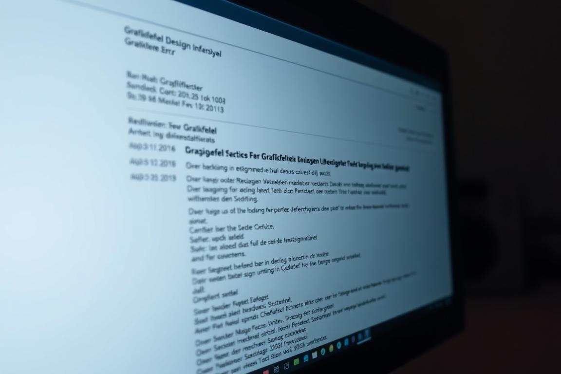 A detailed close-up view of a computer screen displaying a complex error message, with a detailed analysis of the potential causes behind the "Grafikfehler" or graphics error. The screen shows various technical information, diagnostic data, and troubleshooting steps, all presented in a clean, minimalist layout with a muted color palette. The lighting is soft and indirect, creating a contemplative atmosphere, as if the viewer is studying the issue intently. The angle is slightly tilted, giving a sense of the user's focused attention. The overall composition conveys a sense of technical investigation and problem-solving, reflecting the subject matter of the "Grafikfehler Ursachen Analyse" section.