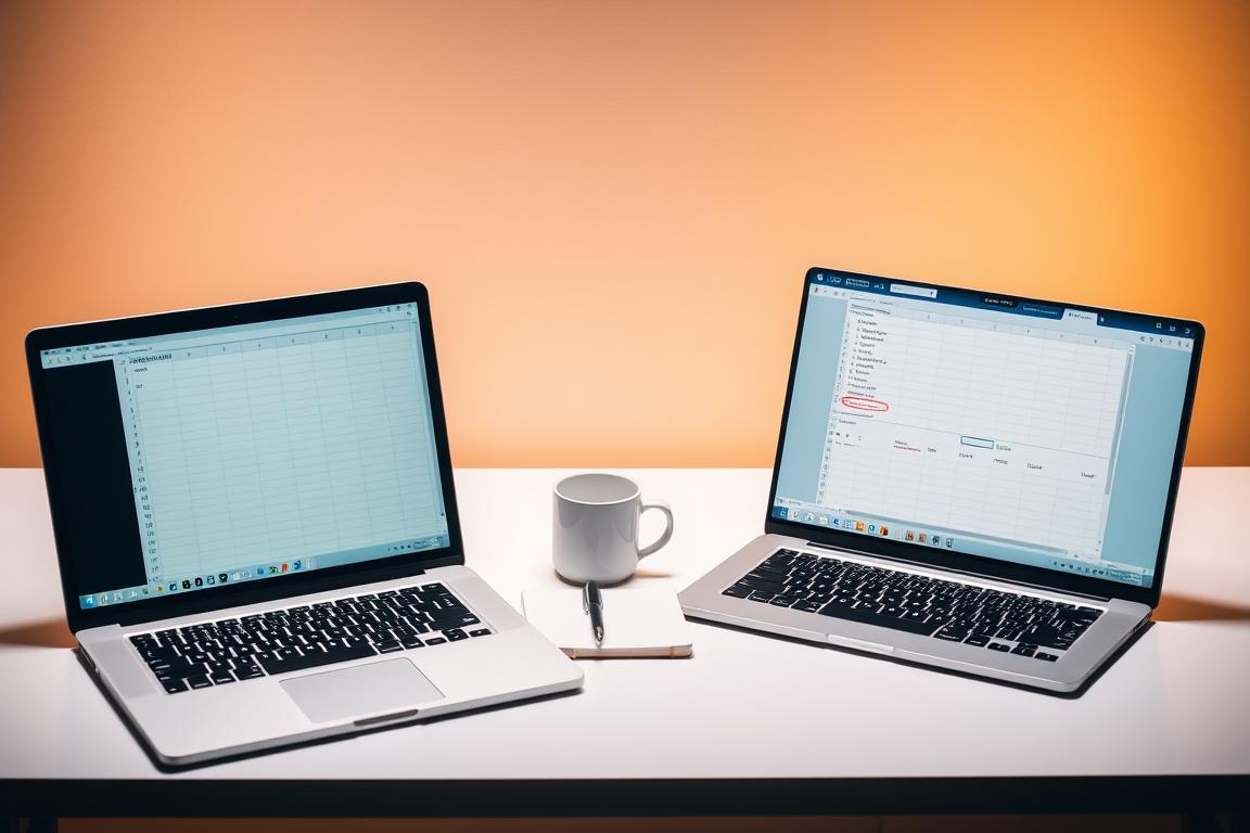 A detailed comparison of different Excel file formats displayed on a sleek, minimalist desk setup. The foreground shows two laptop screens side-by-side, one displaying an Excel spreadsheet and the other a file explorer window. The middle ground features various office supplies like a pen, notebook, and coffee mug, all arranged neatly. The background has a subtle gradient or texture, creating a professional, technology-focused atmosphere. Warm, directional lighting illuminates the scene, casting soft shadows and highlighting the textures of the materials. The overall composition conveys a sense of productivity, organization, and attention to detail in solving complex data import/export challenges.