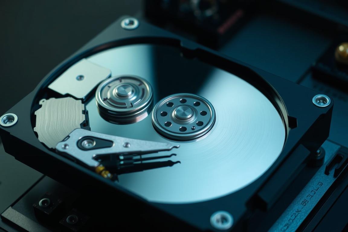 A detailed cross-section of a computer hard drive, showcasing its internal components and data storage capacity. The drive is positioned in the foreground, illuminated by soft, indirect lighting that casts subtle shadows and highlights the intricate details of its platters, actuator arm, and read/write heads. The background is a muted, industrial palette, suggesting the utilitarian nature of data storage. The overall composition conveys a sense of technical precision and the importance of this vital computer component in understanding the potential causes of a sluggish Windows 11 system.