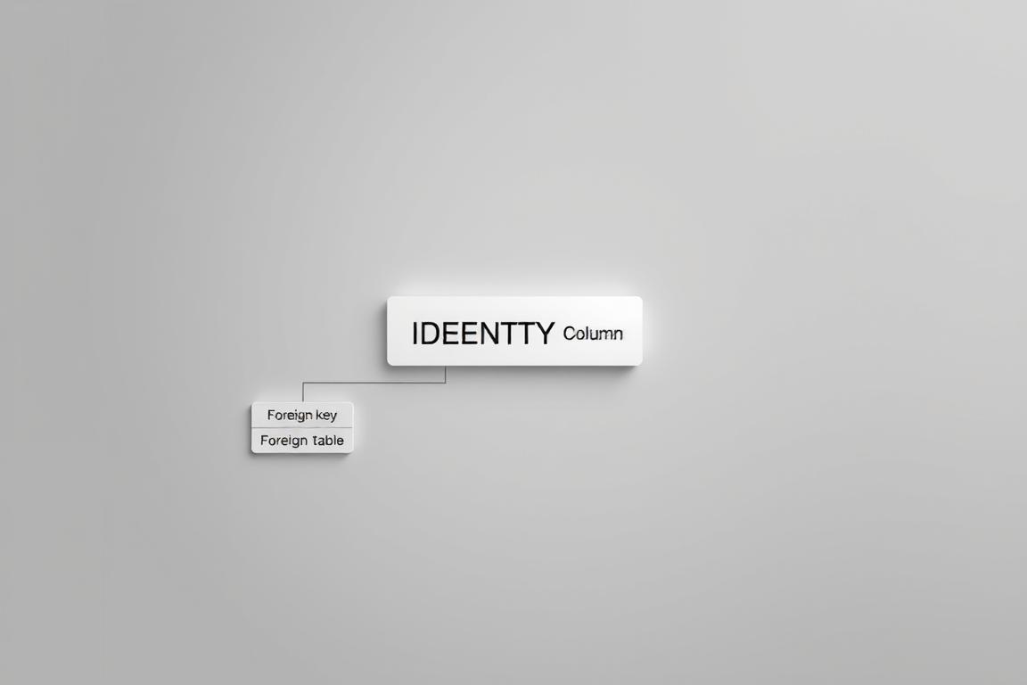 A detailed database diagram showcasing the SQL Server IDENTITY column, with a solid gray background. The IDENTITY column is prominently displayed, surrounded by related table structures and foreign key relationships. The diagram has a clean, technical aesthetic, with clear labels and precise lines illustrating the database schema. Subtle gradients and highlights draw the eye to the IDENTITY column, emphasizing its role in the overall database design. The lighting is soft and even, creating a professional, informative tone suitable for an educational article on SQL error troubleshooting.