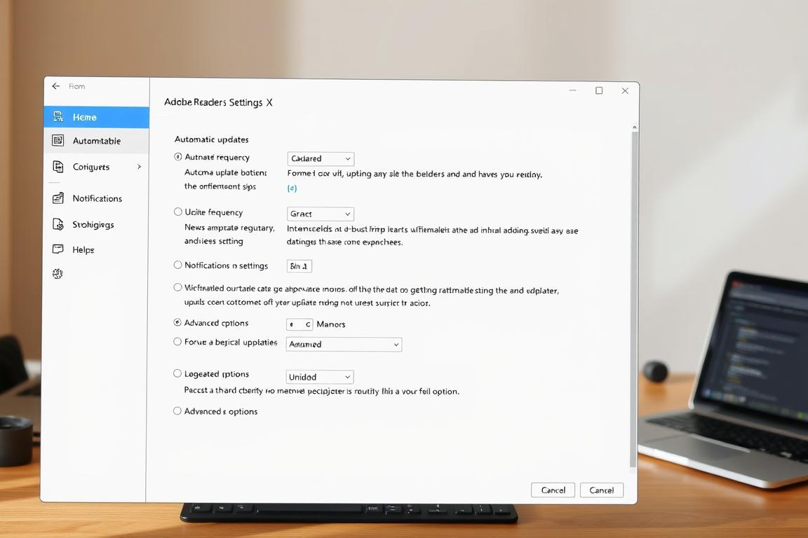 A detailed, high-resolution image of the Adobe Reader update settings interface. The foreground shows the main configuration window with options for automatic updates, update frequency, notification settings, and advanced options. The middle ground displays the visual hierarchy of menus, buttons, and input fields. The background has a subtle, clean workspace environment with hints of desktop applications and a warm, neutral color palette to convey a professional, productivity-focused atmosphere. The lighting is natural and diffuse, creating soft shadows and highlights that accentuate the UI elements. The camera angle is slightly elevated to provide an overview of the settings panel while maintaining a sense of approachability and usability.