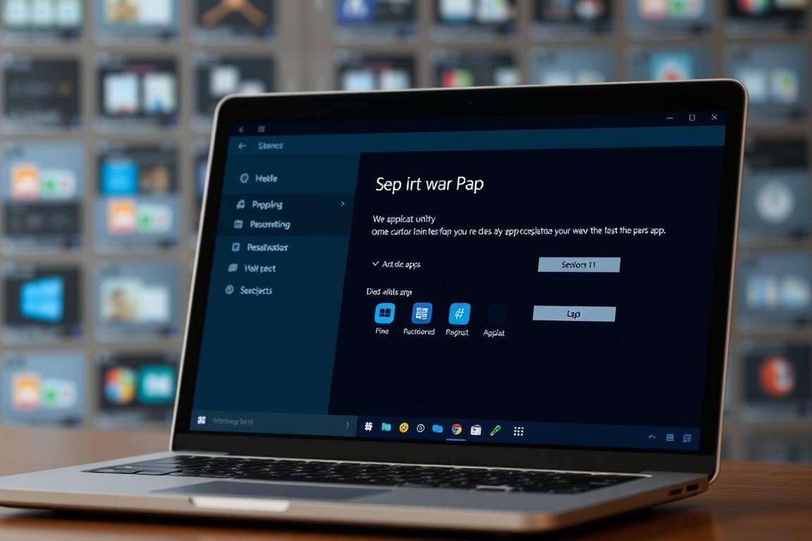 A detailed, step-by-step guide on repairing a Windows 11 application. The foreground shows a laptop screen displaying a Windows 11 app repair utility, with clean, minimalist UI and controls. The middle ground features various Windows 11 app icons arranged neatly, hinting at the broader app ecosystem. The background has a subtle, blurred grid of Windows 11 UI elements, suggesting the comprehensive nature of the repair process. Warm, soft lighting creates a calming, professional atmosphere, while a shallow depth of field focuses attention on the central repair utility. Overall, the image conveys a sense of technical precision and user-friendliness in resolving Windows 11 app issues.