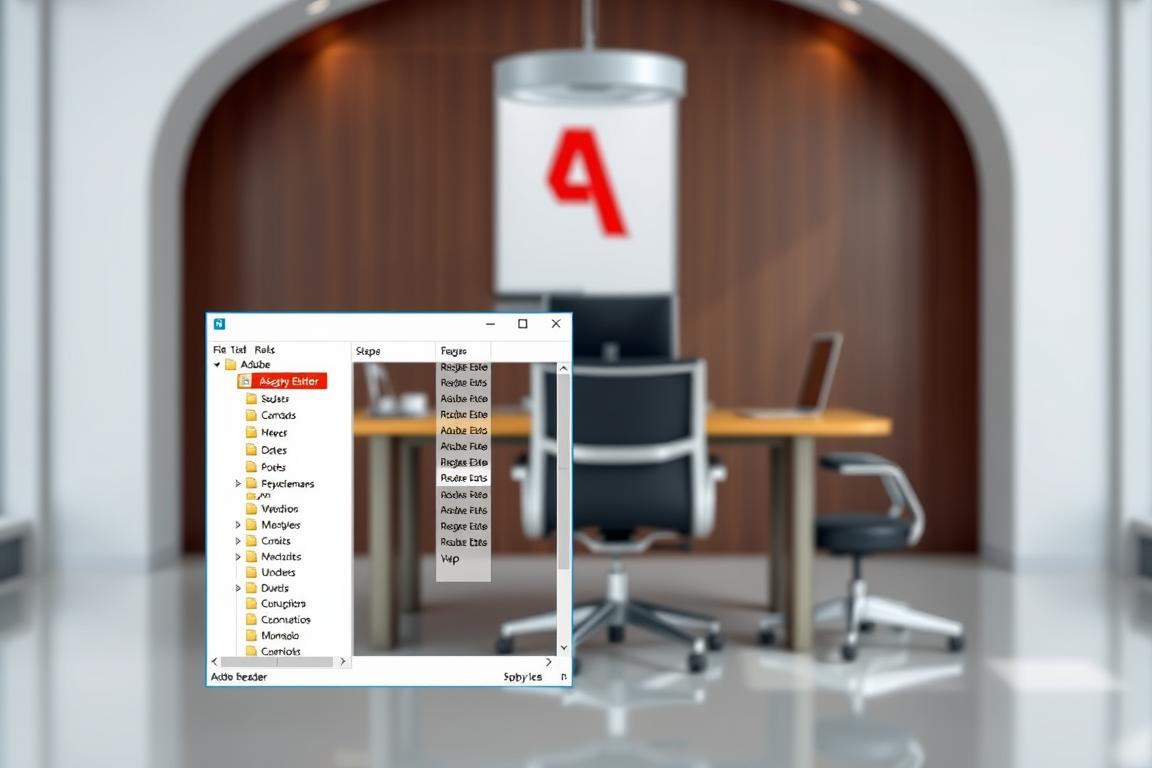 A detailed step-by-step guide showing the Adobe Reader Registry Editor interface, with a bright, clean, and professional aesthetic. The foreground depicts the Registry Editor window in high resolution, showcasing its various menus, buttons, and configuration options. The middle ground features a sophisticated office setting, with a modern desk, ergonomic chair, and subtle lighting. The background gently blurs into a minimalist, elegant backdrop, allowing the Registry Editor to be the central focus. The overall mood is one of clarity, efficiency, and technical expertise, guiding the user through the deactivation process.