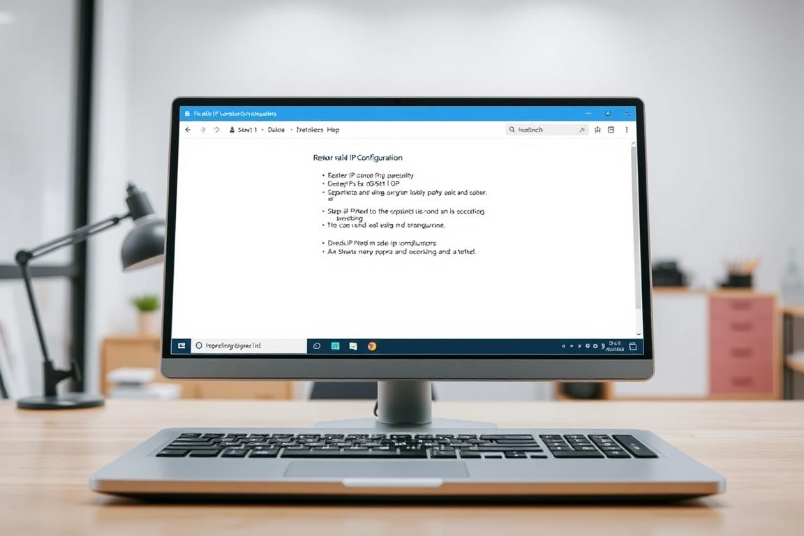 A detailed step-by-step illustration of the process to restore a valid IP configuration on a Windows 11 desktop computer. The image shows a clean, well-lit workspace with a laptop or desktop PC in the foreground, centered on the screen. The background depicts a neutral, minimalist office environment with subtle details like a desk, chair, and office supplies. The scene conveys a sense of focus and professionalism, with the computer screen displaying a step-by-step walkthrough of the IP configuration restoration process, free of any distracting elements. The overall lighting is bright and natural, highlighting the technical details of the computer interface. The camera angle is angled slightly above the desktop, providing a clear, unobstructed view of the screen.