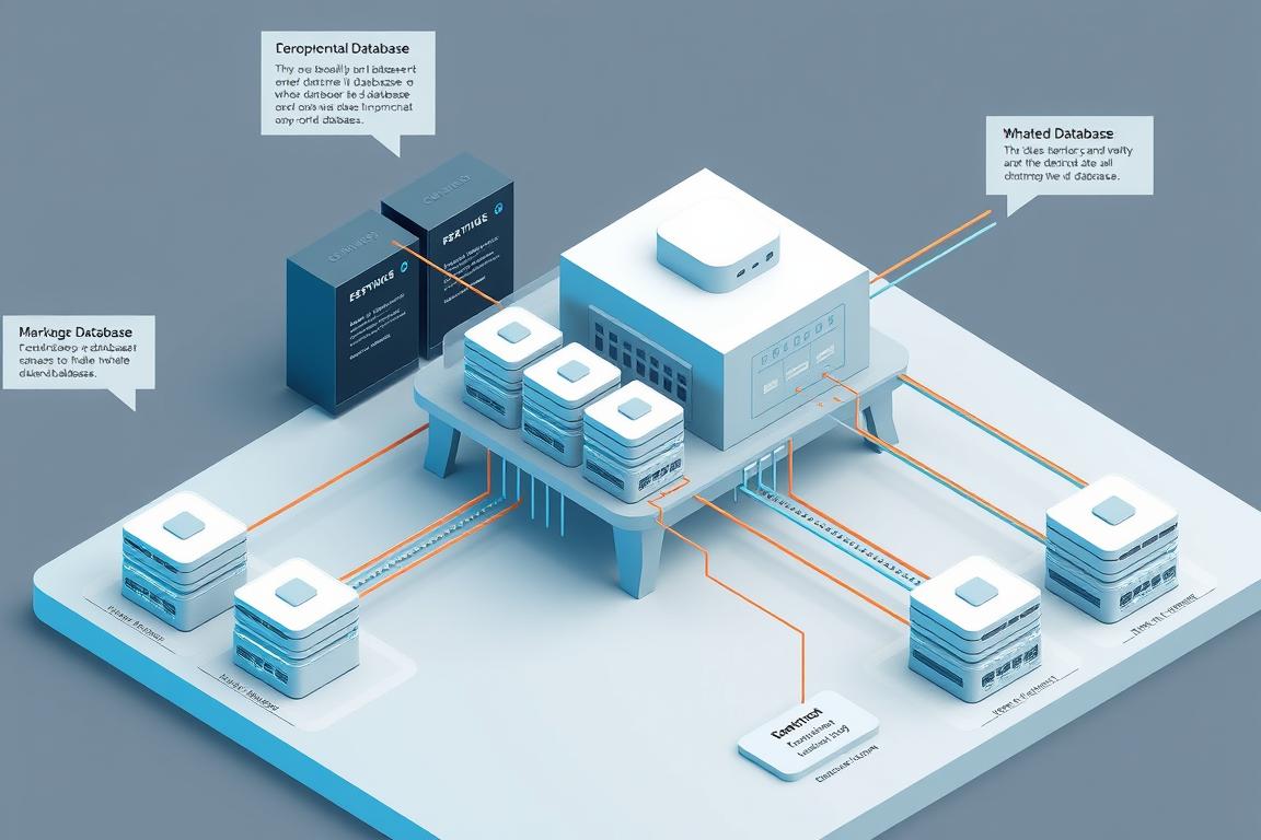 A detailed technical diagram of a database partition process. An intricate 3D-rendered illustration showing the step-by-step workflow of dividing a large central database into multiple distributed databases. Precise isometric view highlighting the complex connections and data flow between the databases. Meticulous attention to the hardware infrastructure, server racks, and network cables. Cool, muted color palette with subtle blue and gray tones. Crisp, high-resolution image capturing the complexity of database management and the challenges of multi-user access.