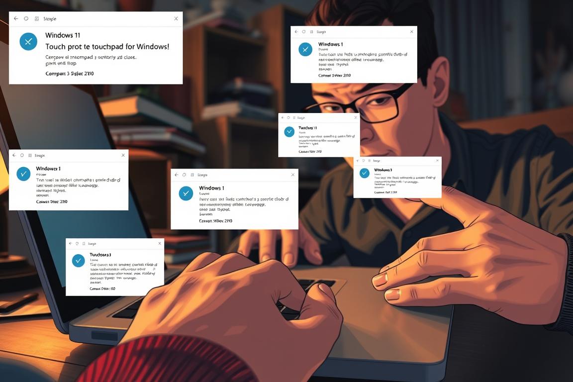 A detailed, technical illustration of a person troubleshooting a touchpad issue on a Windows 11 laptop. The foreground depicts hands closely examining the touchpad, with various diagnostics tools and error messages overlaid. The middle ground shows the laptop itself, with a focused, problem-solving expression on the user's face. The background depicts a cluttered, dimly lit home office environment, conveying a sense of concentrated problem-solving. Warm, focused lighting illuminates the key elements, while shadows and depth of field create a sense of depth and realism. The overall mood is one of careful, meticulous troubleshooting to diagnose and resolve a specific touchpad malfunction.