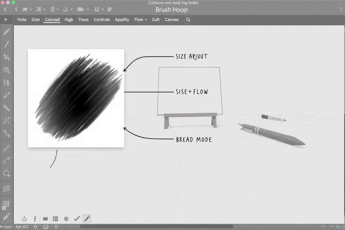 A detailed technical illustration showcasing the various brush settings and controls on a digital art software interface. The foreground features a large, prominently displayed brush icon with clearly labeled adjustment sliders and buttons for customizing attributes like size, opacity, flow, and blend mode. The middle ground depicts a creative workspace with a canvas and essential drawing tools. The background has a subtle grid pattern or surface texture to provide context and visual interest. The overall scene has a clean, minimalist aesthetic with muted colors and soft lighting, creating a focused, instructional feel suitable for a troubleshooting guide.