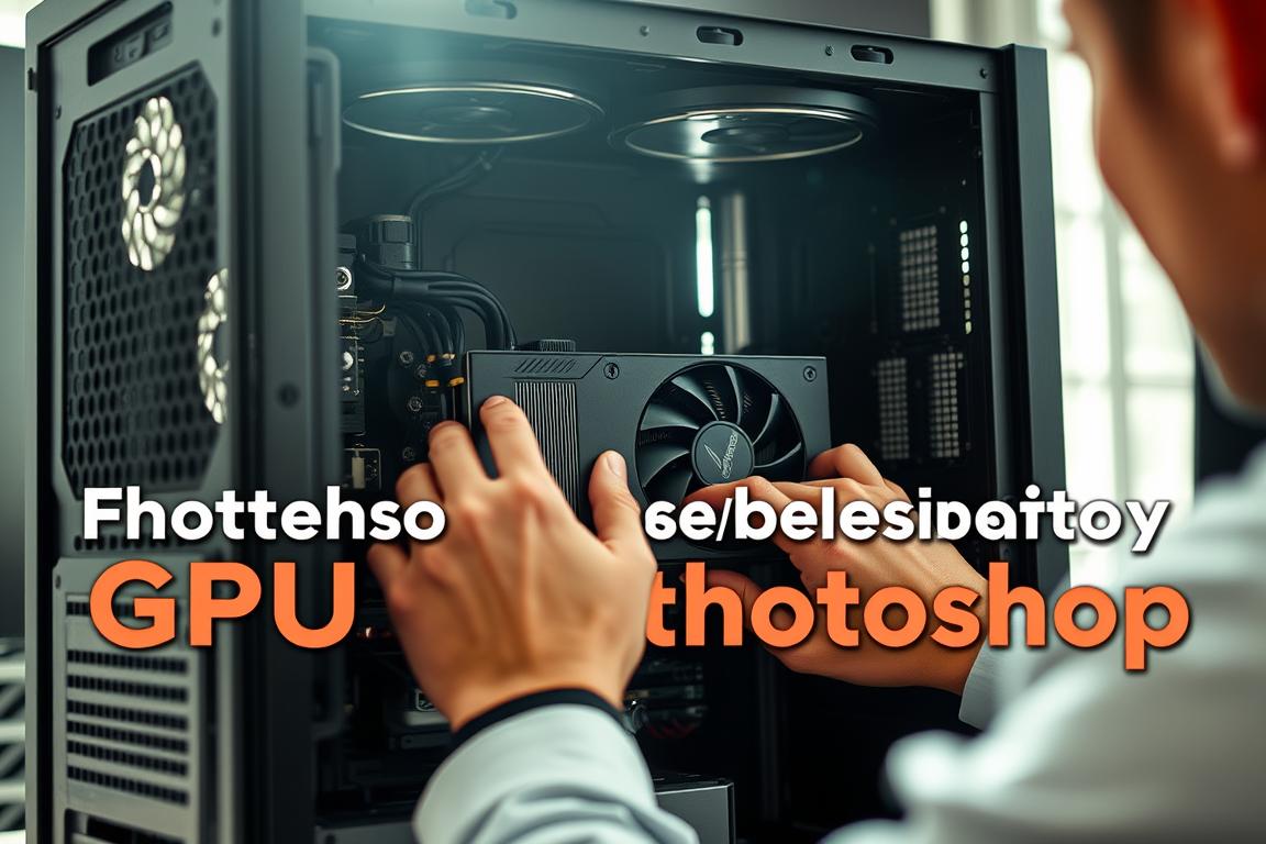 A detailed troubleshooting guide for GPU-related issues in Photoshop. A desktop computer with an open case is shown, with the user examining the internal hardware components. Bright, natural lighting from a nearby window illuminates the scene. The focus is on the GPU, which is clearly visible and the center of attention. The user's hands are reaching into the case, carefully inspecting the GPU and its connections. The mood is one of problem-solving, with a sense of determination and curiosity. The background is blurred, keeping the viewer's attention on the GPU and the troubleshooting process.