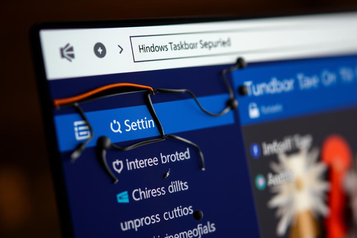 A detailed, well-lit close-up view of the Windows 11 taskbar, with a focus on the taskbar settings and configuration options. The taskbar should appear slightly damaged or malfunctioning, with elements out of place or not responding properly. The image should convey a sense of frustration and the need for repair, reflecting the article's subject matter. Incorporate technical details such as a shallow depth of field, warm lighting, and a slightly tilted camera angle to enhance the sense of a hands-on, problem-solving scenario.
