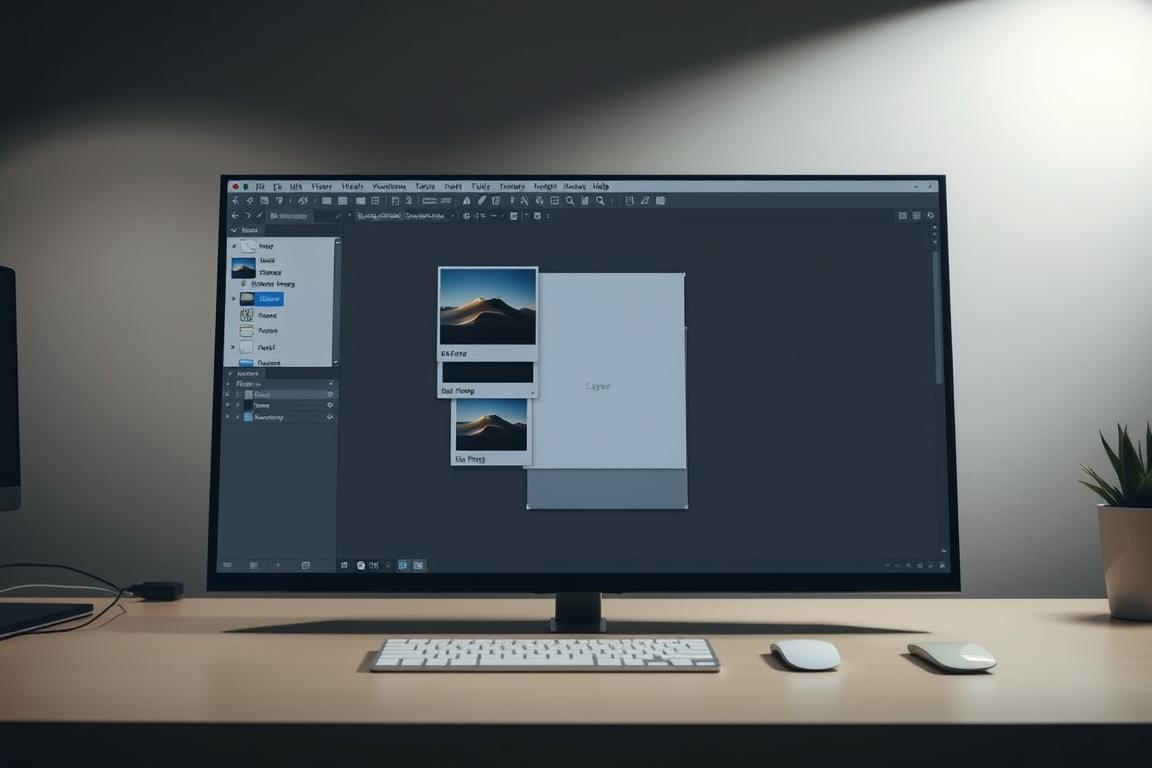 A digital workspace with a GIMP image editor application interface, showcasing the layer management panel. The layers are arranged in a disorganized manner, some overlapping or misaligned, indicating a problem with layer control. The workspace has a neutral, slightly muted color palette, creating a professional, technical atmosphere. Soft, directional lighting illuminates the interface, creating subtle shadows and highlights that enhance the depth and clarity of the elements. The camera angle is slightly elevated, providing a comprehensive view of the workspace layout and the layer management challenge. The overall mood is one of troubleshooting and problem-solving in the context of digital image editing.