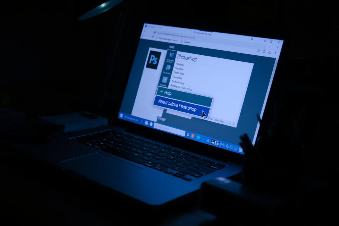 A dimly lit computer desk with an open laptop displaying a Photoshop interface. In the foreground, a cursor hovers over the "Help" menu, highlighting the "About Adobe Photoshop" option. The laptop's screen emits a soft, bluish glow, casting shadows across the desk's surface, which is cluttered with various office supplies. The background is slightly out of focus, suggesting a sense of concentration and attention on the task at hand. The overall atmosphere conveys a contemplative mood, as the user prepares to check the Photoshop version in order to troubleshoot a problem with a PSD file.