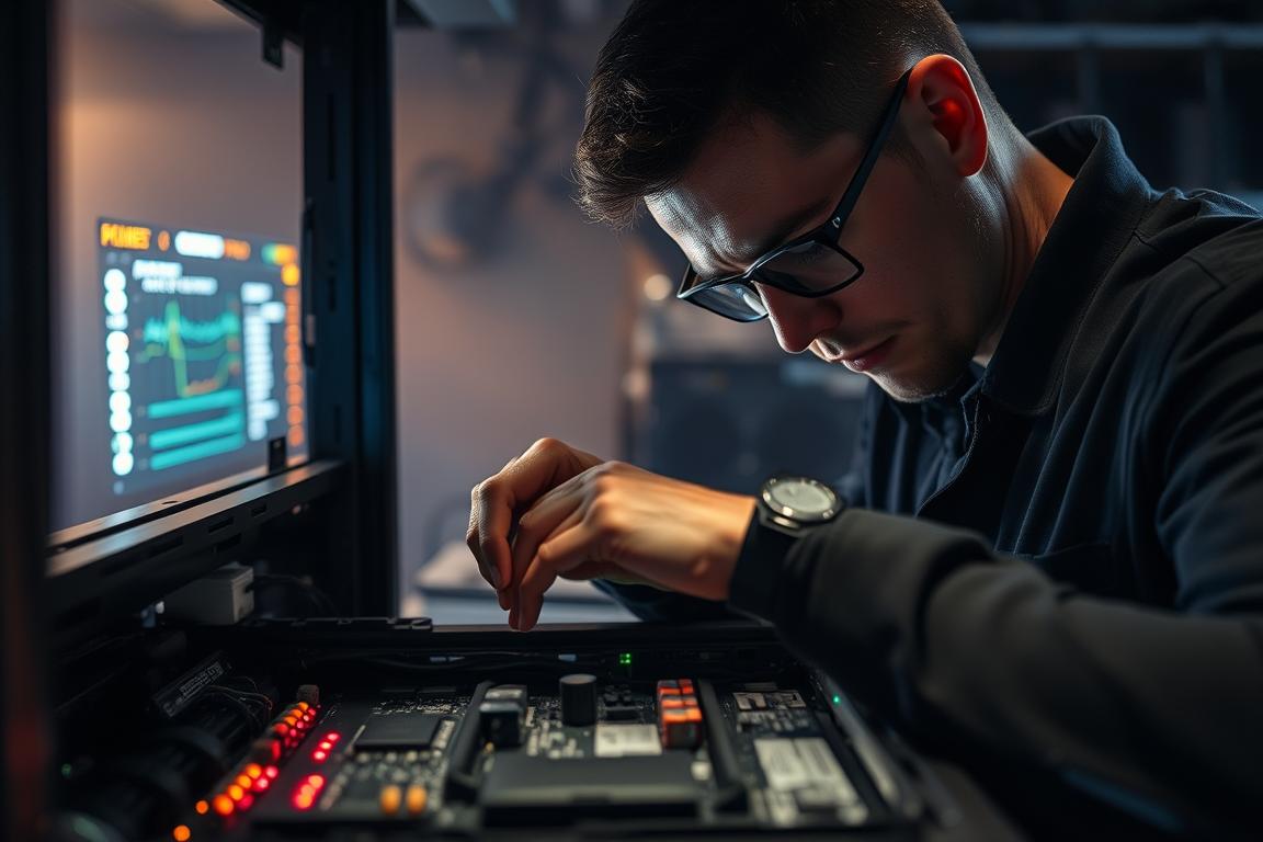A dimly lit computer repair workshop, with a technician meticulously inspecting the inner workings of a damaged database server. The foreground showcases the server's open chassis, revealing intricate circuit boards and blinking LEDs. In the middle ground, tools and diagnostic equipment are neatly organized, conveying a sense of professionalism and attention to detail. The background is hazy, suggesting a focused work environment, with soft, warm lighting casting a gentle glow over the scene. The technician's expression is one of concentration, as they delicately manipulate the components, determined to restore the damaged database to full functionality.