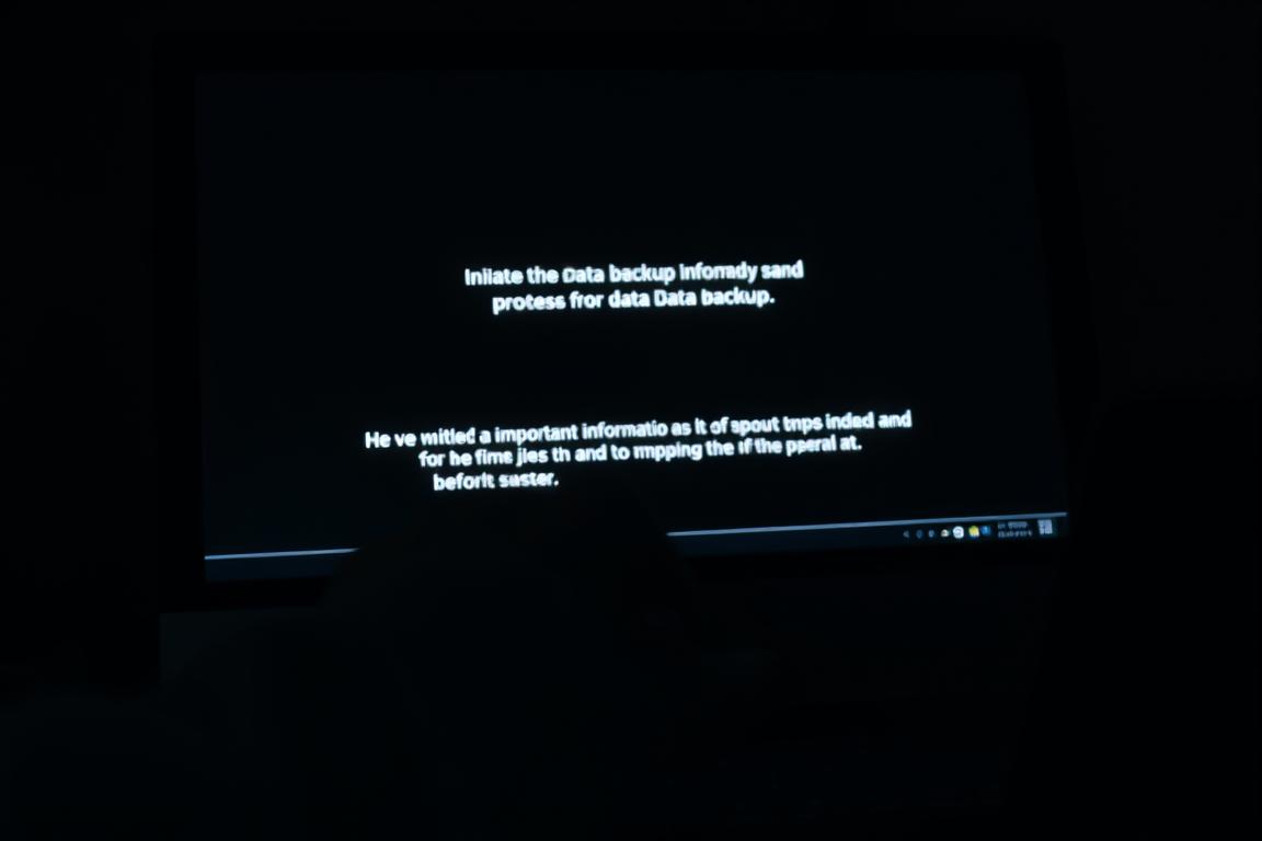 A dimly lit computer screen displays a ominous black backdrop, indicating a system failure. In the foreground, a hand reaches towards the keyboard, ready to initiate the data backup process. The scene conveys a sense of urgency and preparedness, as the user takes proactive steps to safeguard their important information before attempting to troubleshoot the issue. The lighting is subtle, casting soft shadows that add depth and drama to the composition. The angle is slightly elevated, providing a sense of the user's perspective as they assess the situation and decide on the next course of action.