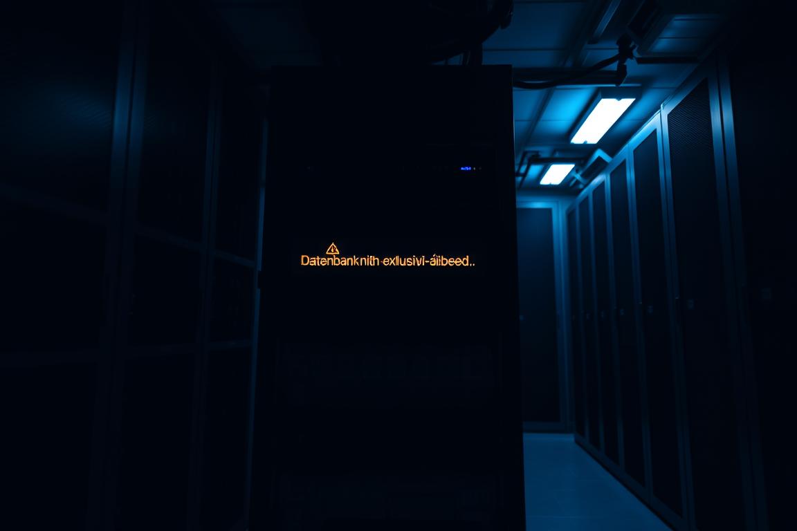 A dimly lit database server room, with a large server rack taking up the center of the frame. The server's status indicators display an error message "Datenbank nicht exklusiv geöffnet" (Database not opened exclusively), hinting at the issue being addressed. The room is bathed in a soft, blue-tinted lighting, creating an atmosphere of tension and urgency. The image is captured from a slightly low angle, emphasizing the imposing nature of the server hardware. The background is intentionally blurred, keeping the focus on the server and its error message. The overall tone conveys the technical nature of the problem and the need to resolve it promptly.