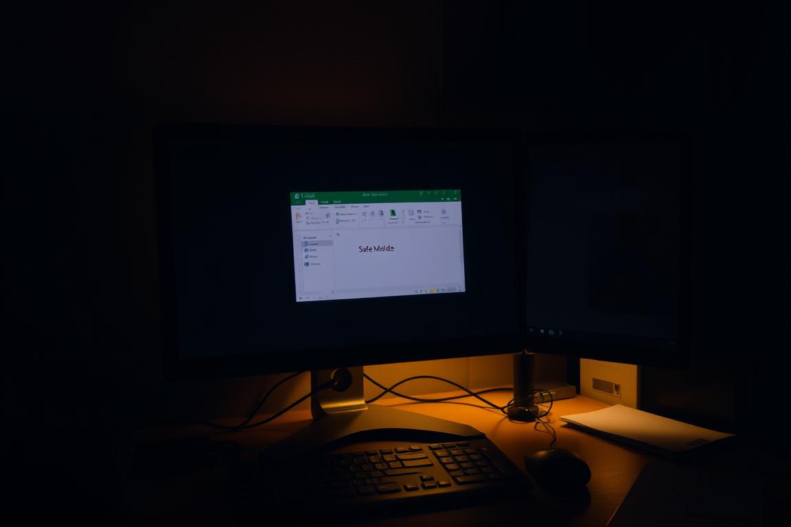 A dimly lit office desk, the glow of a computer screen illuminating the surroundings. In the center, an open Microsoft Excel window, its title bar indicating the program has been launched in "Safe Mode." The desktop is slightly cluttered, with a keyboard, mouse, and a few scattered papers visible. The lighting is soft and warm, casting gentle shadows that add depth and texture to the scene. The atmosphere is one of troubleshooting and problem-solving, with a sense of focus and concentration emanating from the image. A dimly lit office desk, the glow of a computer screen illuminating the surroundings. In the center, an open Microsoft Excel window, its title bar indicating the program has been launched in "Safe Mode." The desktop is slightly cluttered, with a keyboard, mouse, and a few scattered papers visible. The lighting is soft and warm, casting gentle shadows that add depth and texture to the scene. The atmosphere is one of troubleshooting and problem-solving, with a sense of focus and concentration emanating from the image.