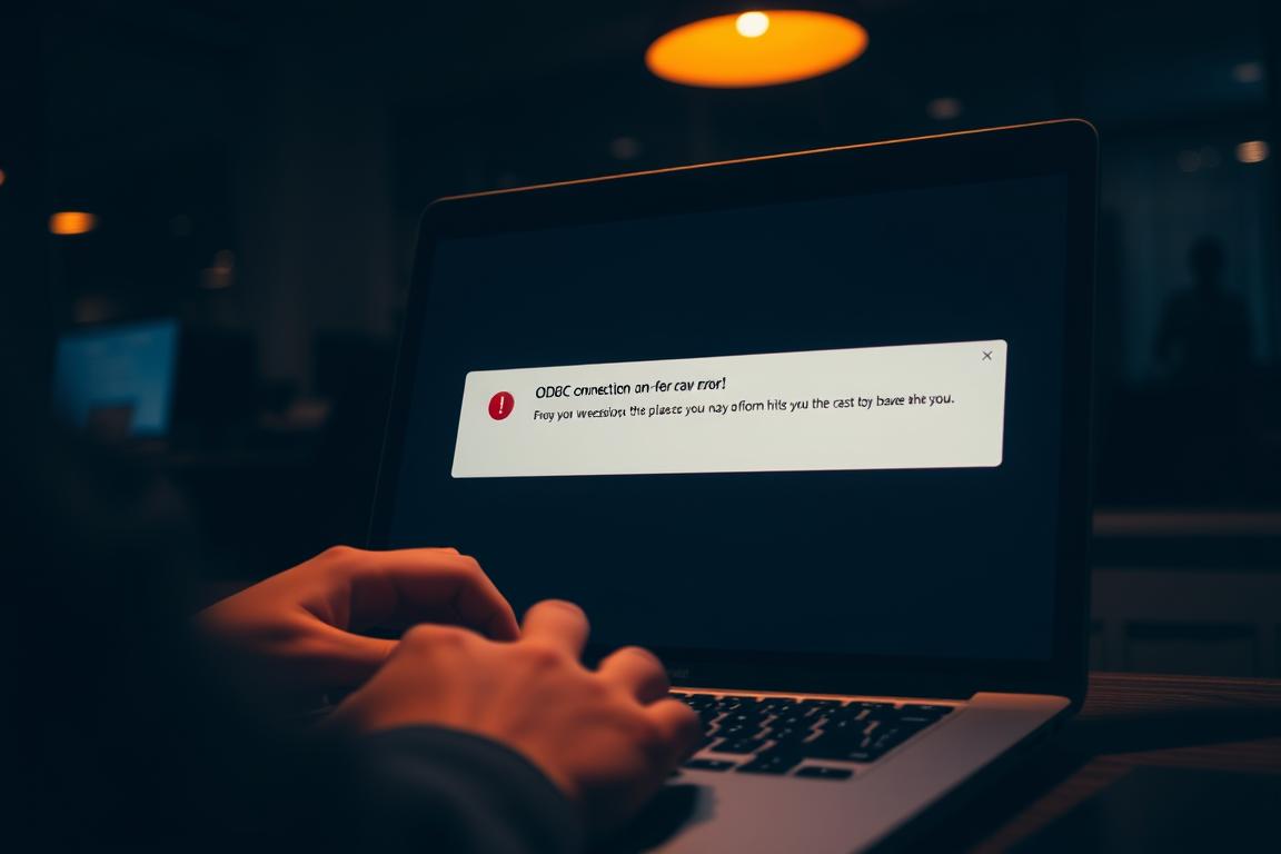 A dimly lit office interior, the focus on a laptop screen displaying an ODBC connection error message. The user's hands are visible, hovering over the keyboard, a look of concentration on their face. Warm tungsten lighting casts subtle shadows, creating a sense of technical troubleshooting. The background is slightly blurred, emphasizing the screen as the center of attention. The overall mood is one of problem-solving, with a touch of frustration and determination to find the root cause of the ODBC issue.