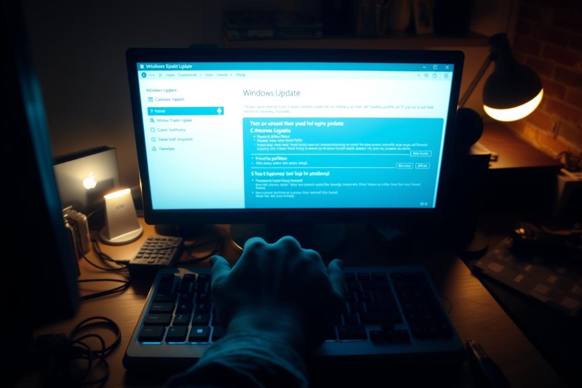 A dimly lit office workspace, the glow of a computer screen casting soft shadows across a cluttered desk. The user's hands hover over the keyboard, focused on the Windows Update interface. The ambient lighting is warm and inviting, creating an atmosphere of concentration and productivity. The camera angle is slightly elevated, capturing the scene from an overhead perspective, allowing the viewer to observe the process unfold. The details of the Windows Update interface are clearly visible, highlighting the various options and settings available to the user. The overall tone conveys the importance and necessity of this manual update procedure, emphasizing the user's role in maintaining system stability and security.