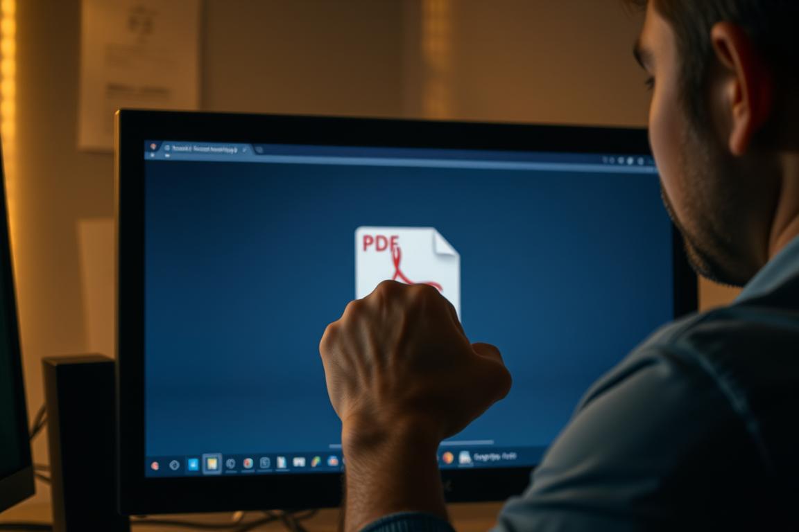 A dimly lit office workspace, with a computer screen displaying a PDF document that refuses to open. The user's frustration is evident in their furrowed brow and clenched fist. The background is hazy, with a sense of claustrophobia and technological malfunction. Soft, warm lighting casts shadows across the scene, emphasizing the struggle to resolve the issue. The overall mood is one of bewilderment and technological discomfort, as the user grapples with a common yet vexing problem. A dimly lit office workspace, with a computer screen displaying a PDF document that refuses to open. The user's frustration is evident in their furrowed brow and clenched fist. The background is hazy, with a sense of claustrophobia and technological malfunction. Soft, warm lighting casts shadows across the scene, emphasizing the struggle to resolve the issue. The overall mood is one of bewilderment and technological discomfort, as the user grapples with a common yet vexing problem.