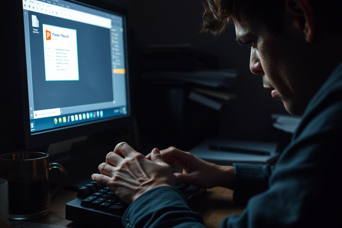A dimly lit office workspace, with a desktop computer and open PowerPoint window on the screen. In the foreground, a frustrated person's hands hover over the keyboard, brows furrowed, as they attempt to troubleshoot the software. The lighting is dramatic, casting shadows and creating a sense of tension. The scene is detailed, with subtle hints of the person's surroundings - a cluttered desk, a half-empty coffee mug, and a stack of papers. The atmosphere is one of concentrated problem-solving, where the viewer can almost feel the user's determination to overcome the technical issue at hand.