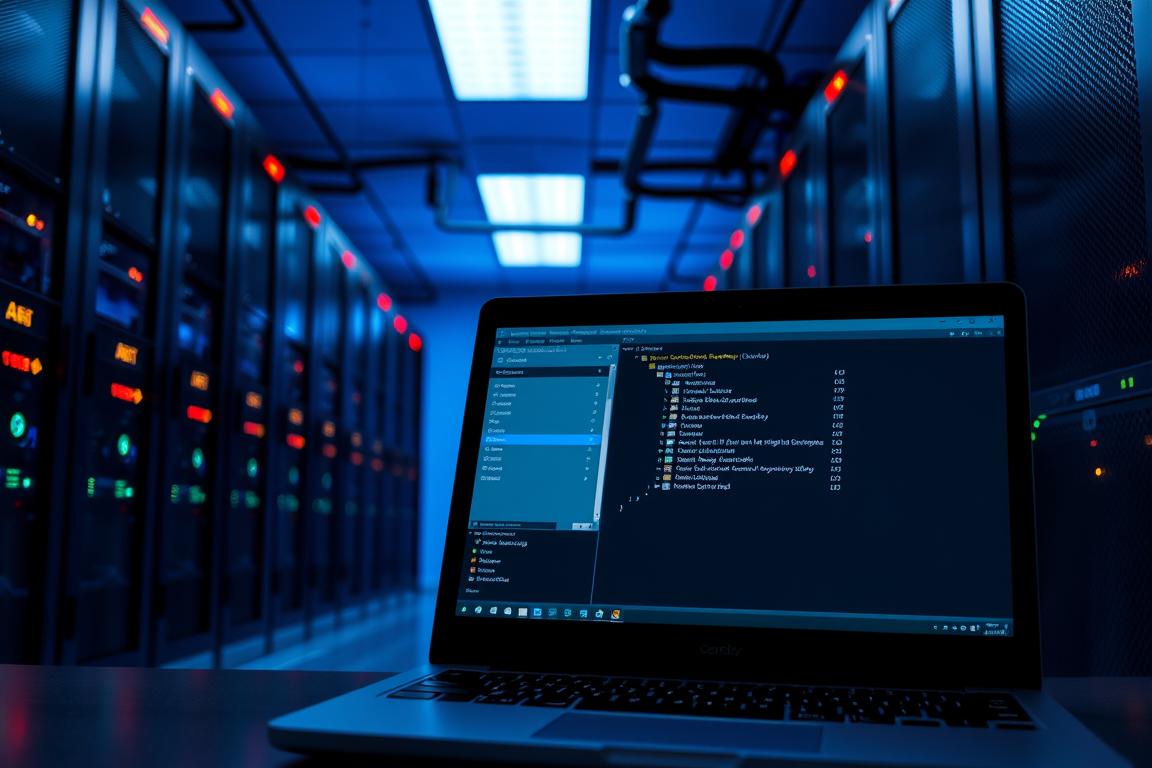 A dimly lit server room, with rows of towering data racks and blinking status lights. In the foreground, a laptop screen displays a database restoration interface, its windows and menus conveying a sense of focus and urgency. The room is bathed in a cool, bluish glow, creating a technical, professional atmosphere. The image captures the moment of a crucial database recovery process, where the fate of important data hangs in the balance.