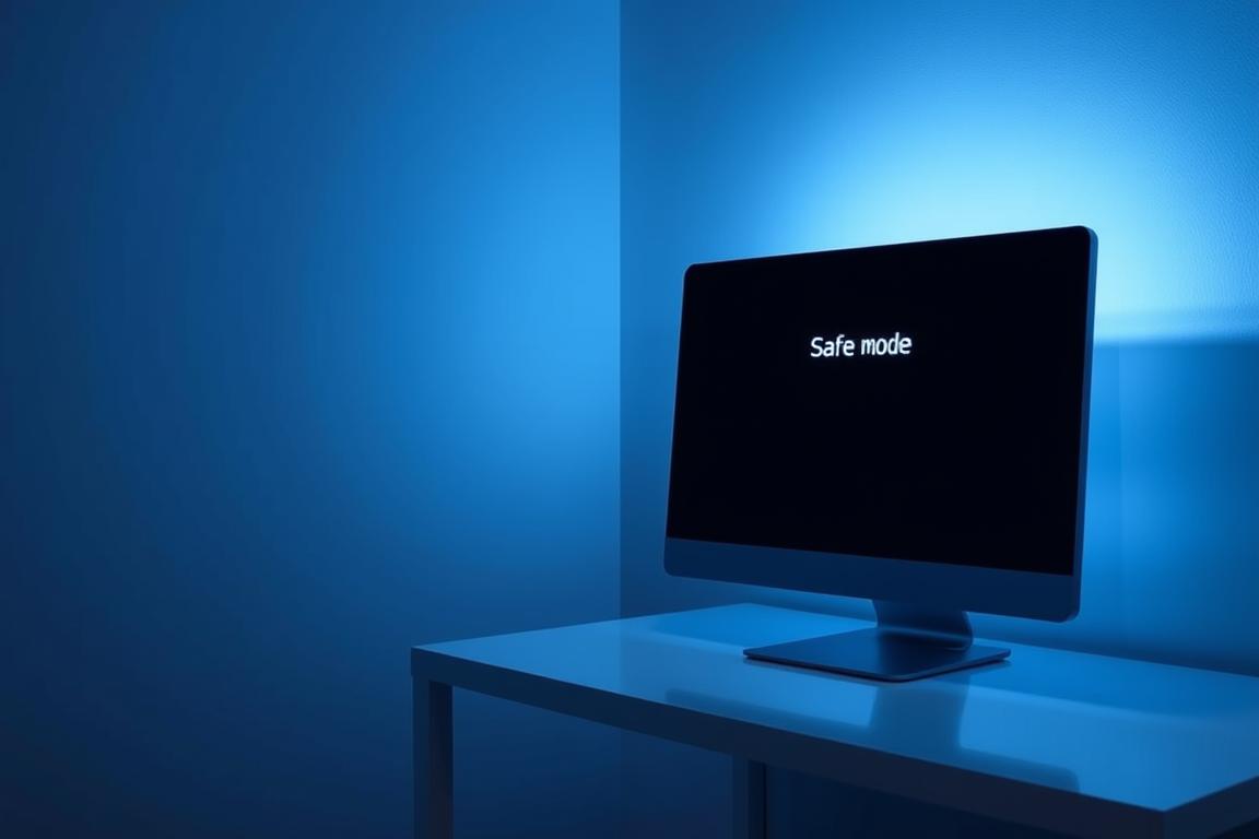 A dimly lit, windowless room with a sleek, modern desktop computer sitting on a minimalist desk. The computer's display shows the "Safe Mode" boot menu, its text glowing softly in a cool, blue hue. The room is bathed in a soft, ambient light, creating a sense of focus and concentration. The walls are bare, save for a subtle, abstract pattern that adds depth and texture to the scene. The overall atmosphere is one of calm, deliberation, and the determination to resolve a technical issue.