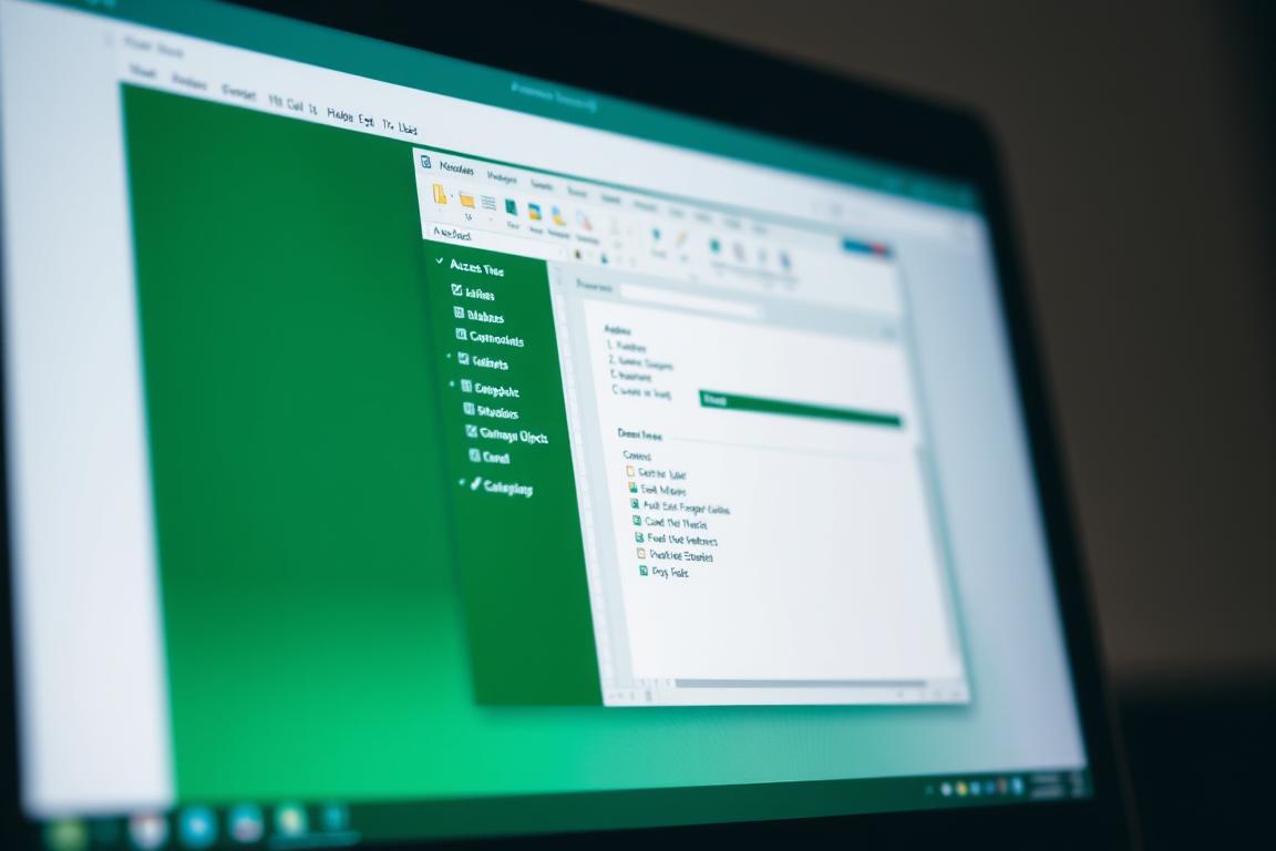 A high-contrast, close-up view of an open Microsoft Access database interface on a computer screen. The foreground features the distinct green and white color scheme, with the main database window in focus, showcasing various database objects and commands. The middle ground includes subtle UI elements like menus, toolbars, and status bars, all rendered in a crisp, clean aesthetic. The background is slightly blurred, creating a sense of depth and emphasizing the central database window. The lighting is bright and directional, casting subtle shadows and highlights that accentuate the 3D-like appearance of the interface. The overall mood is one of technical proficiency and problem-solving, suitable for troubleshooting Access database issues.