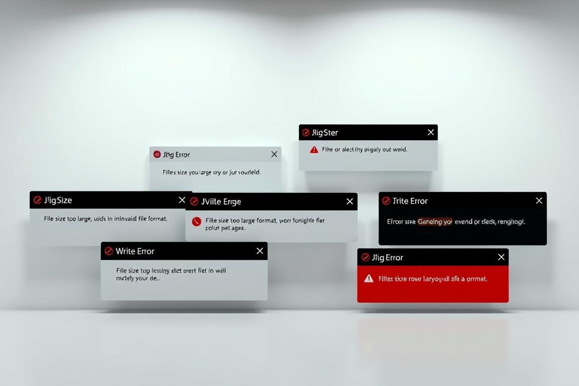 A high-contrast, close-up view of various JPG error message dialog boxes and pop-ups, displayed on a sleek, modern computer interface. The messages convey common issues such as "file size too large", "invalid file format", "write error", and other technical failures. The layout is clean and minimalist, with a focus on the error messages themselves, set against a neutral background that allows the text and visual elements to stand out. Subtle lighting from above casts a soft, directional glow, adding depth and emphasizing the digital, screen-based nature of the subject matter. The overall tone is one of informative clarity, presenting these error messages in a way that is visually engaging yet straightforward, reflecting the need to understand and troubleshoot such common JPG saving problems.