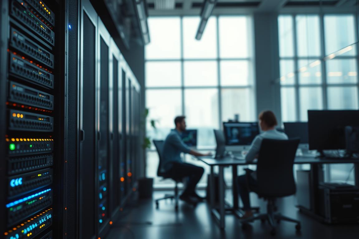 A high-performance database optimization in a modern data center. A server rack with glowing circuits and blinking lights stands prominently in the foreground, representing the complex infrastructure powering the database. In the middle ground, a team of data engineers collaborates at workstations, studying performance metrics and optimizing queries. The background depicts a sleek, minimalist office environment with floor-to-ceiling windows, conveying the professional and high-tech atmosphere. Soft, directional lighting creates dramatic shadows and highlights the technological elements. The overall scene captures the technical expertise and collaborative effort required to improve database performance in a multi-user environment.
